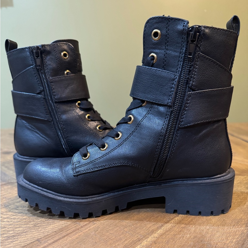 GUESS Caleena Lace Up Combat Boots With Gold Jeweled Guess Accent Strap NWOT - Picture 12 of 14